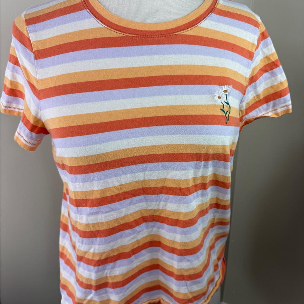 Madewell Striped Orange and White T-Shirt with Daisy Embroidery